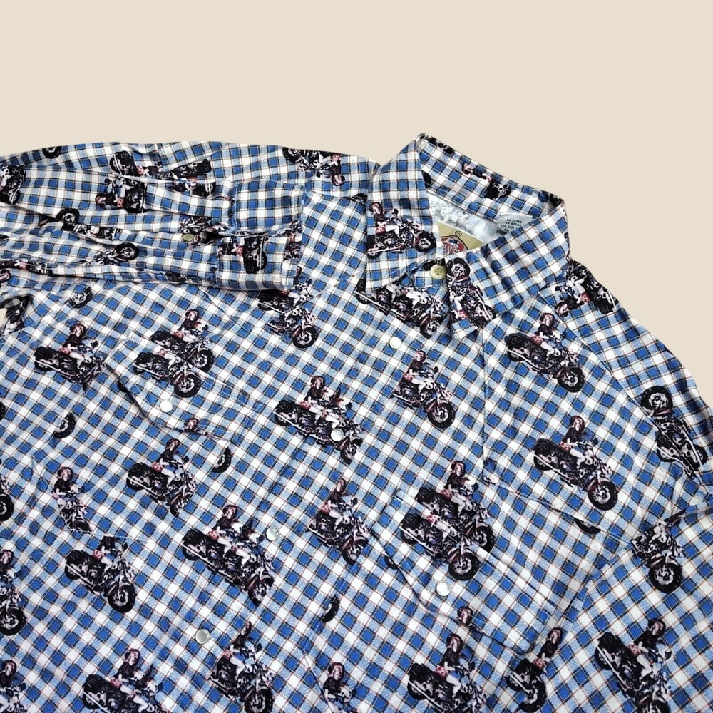 Barn Fly Motorcycle Pattern Plaid Western Pearl Snap Mens Medium Blue Novelty